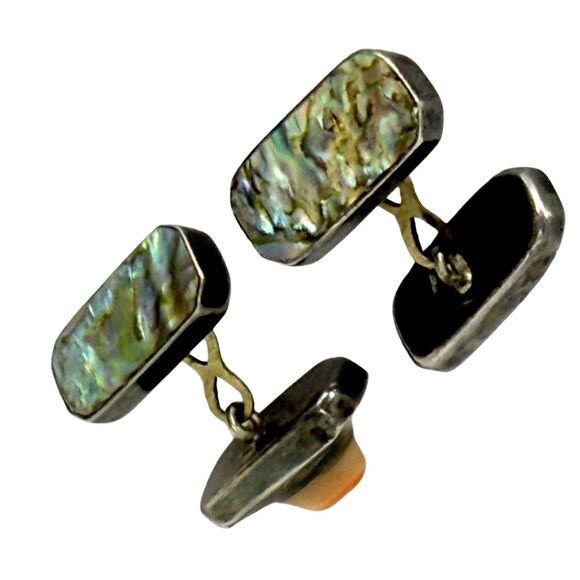 Antique 925 Sterling Silver Men's Cufflinks Abalone Mother Of Pearl Rectangle - Picture 13 of 16